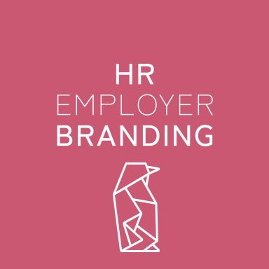 Text "HR EMPLOYER BRANDING" mit einer stilisierten Pinguin-Grafik auf rotem Hintergrund.