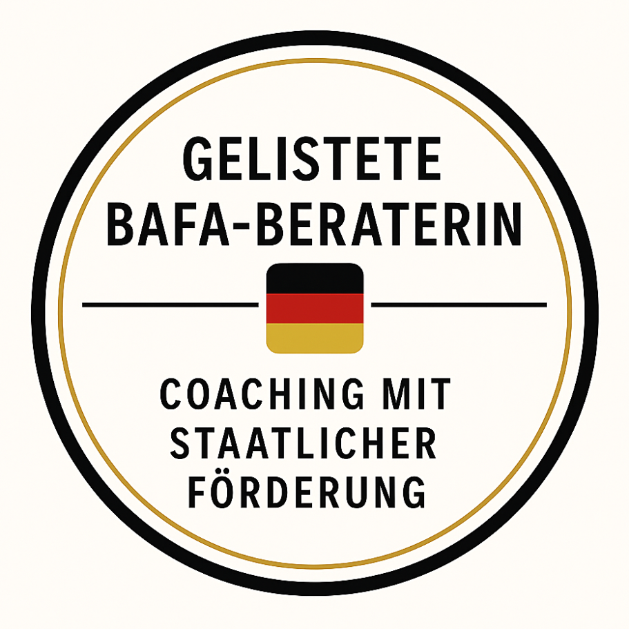 BAFA Beraterin gelistet Logo mit dem Text "Gelistete BAFA-Beraterin" und Angaben zu staatlichem Coaching.