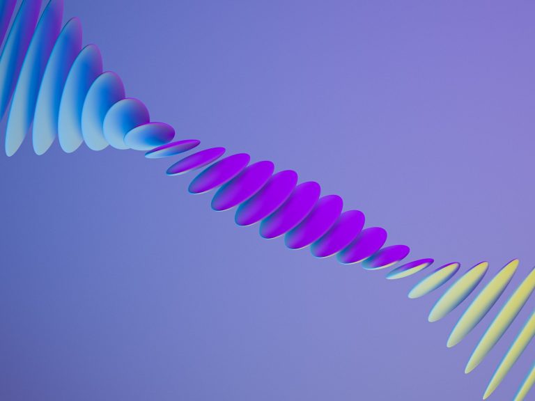 Abstrakte Wellenform in Blau, Lila und Gelb auf lila Hintergrund.