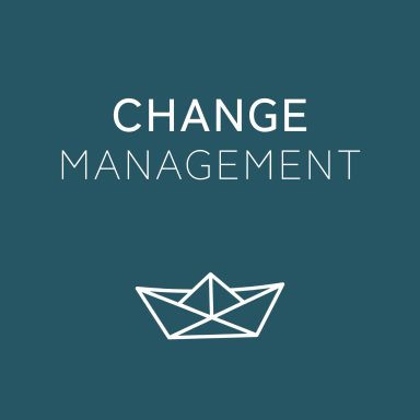 Grafik mit dem Text "Change Management" und einem minimalistischen Schiff-Design.