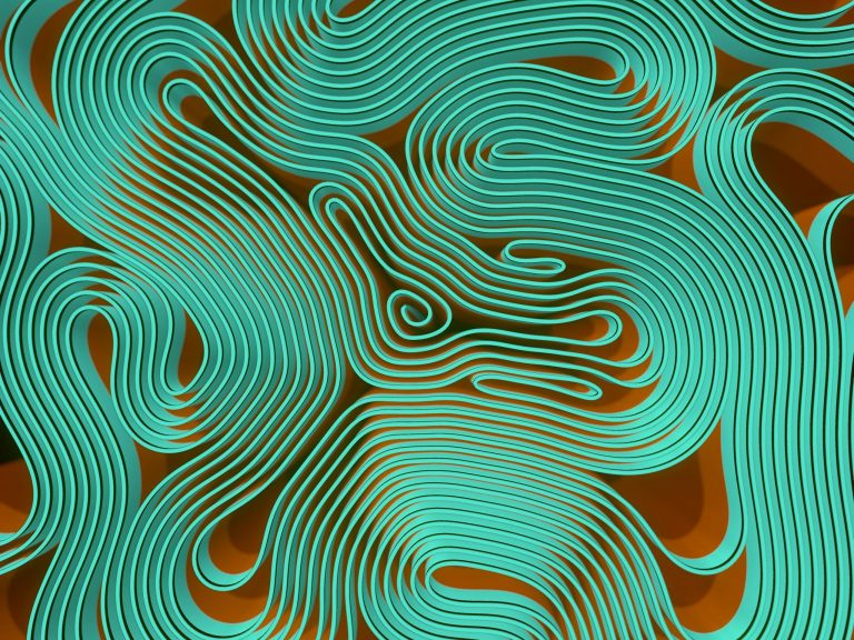 Türkisfarbene Linien in geschwungenem Muster auf einem orangenen Hintergrund.
