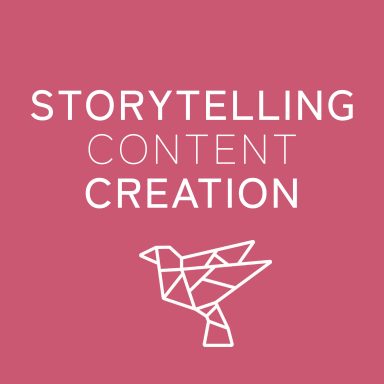 Rosa Hintergrund mit den Worten "Storytelling Content Creation" und einem geometrischen Vogel.