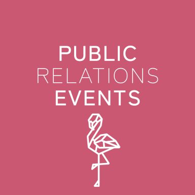Text in Weiß: "PUBLIC RELATIONS EVENTS" mit einem minimalistischen Flamingo-Symbol.