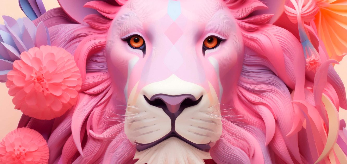 Stylisierter Löwe mit pinkem, buntem Fell und dekorativen Elementen.